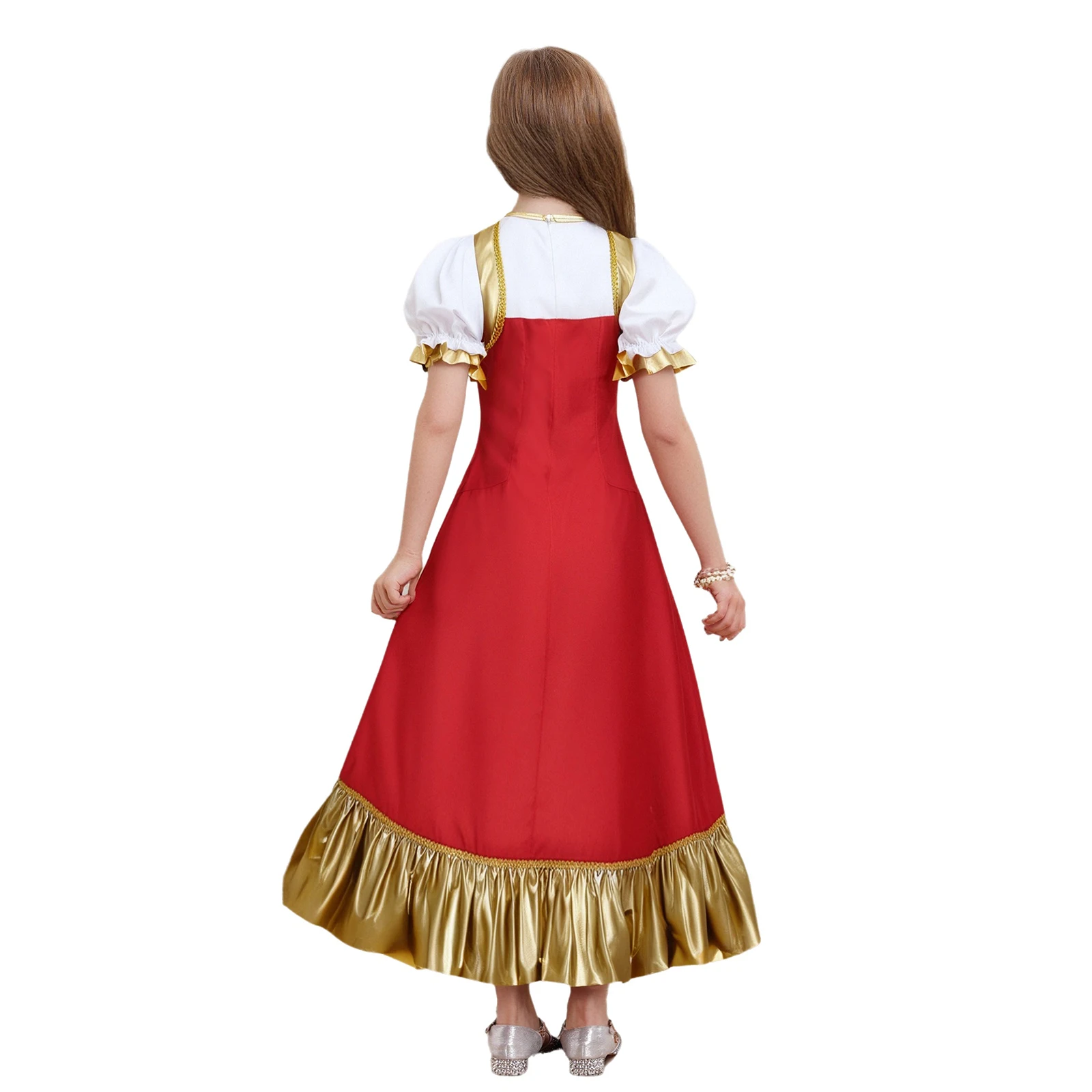 Kids Russian Heritage Girls Cosplay Costume Metallic Gloss Short Sleeve Robe Halloween Party Russian Traditional Dance Dress