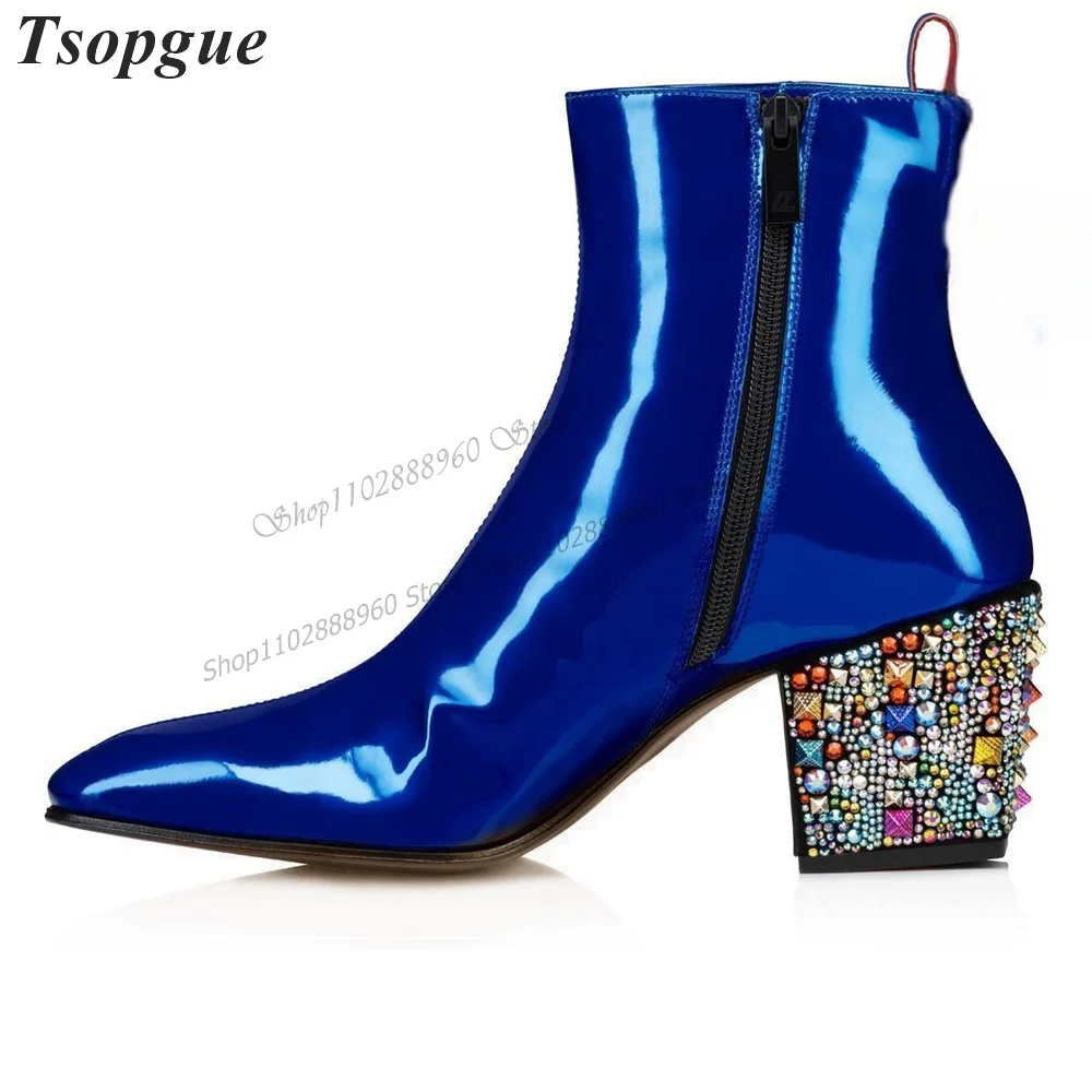 Blue Leather Crystal Decor Heel Men's Ankle Boots Men Shoes Side Zipper Runway Casual Party Shoes 2023 Fashion Zapatillas Muje