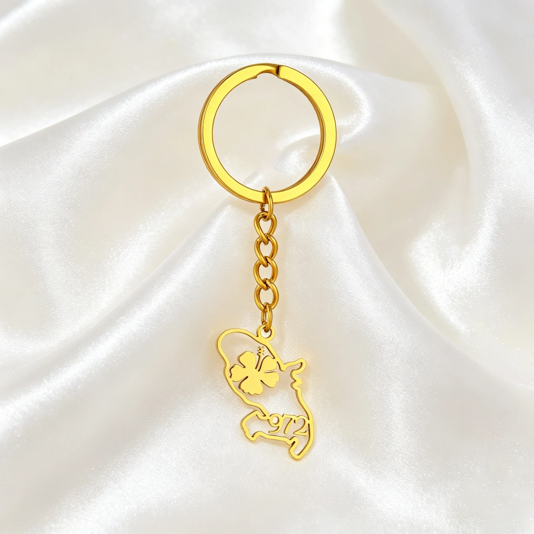 1Piece Reunion Map Outline 974 Hibiscus and Coconut Tree Guadeloupe Martinique Pendant  Keyring Stainless Steel Jewelry