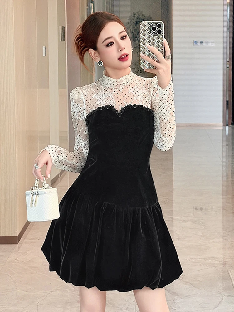 Fake 2-Piece Retro Black Women Street Clothes Velvet Lace Dot Slim Mini Short Dress Elegant Lady Fashion Party Prom Vestidos New