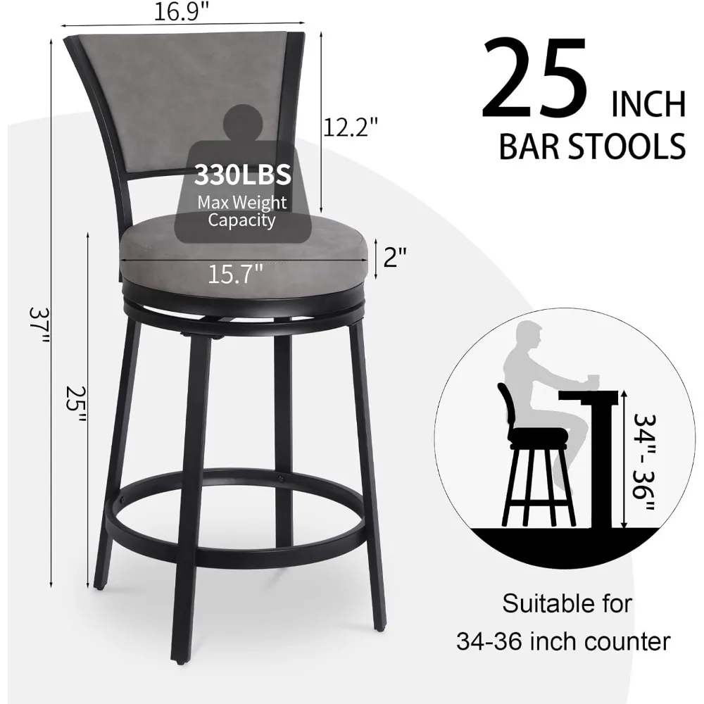 25" draaibare barkrukken met rugleuning, barkrukken op tegenhoogte, set van 2, ronde draaistoelen met rugleuning, grijs