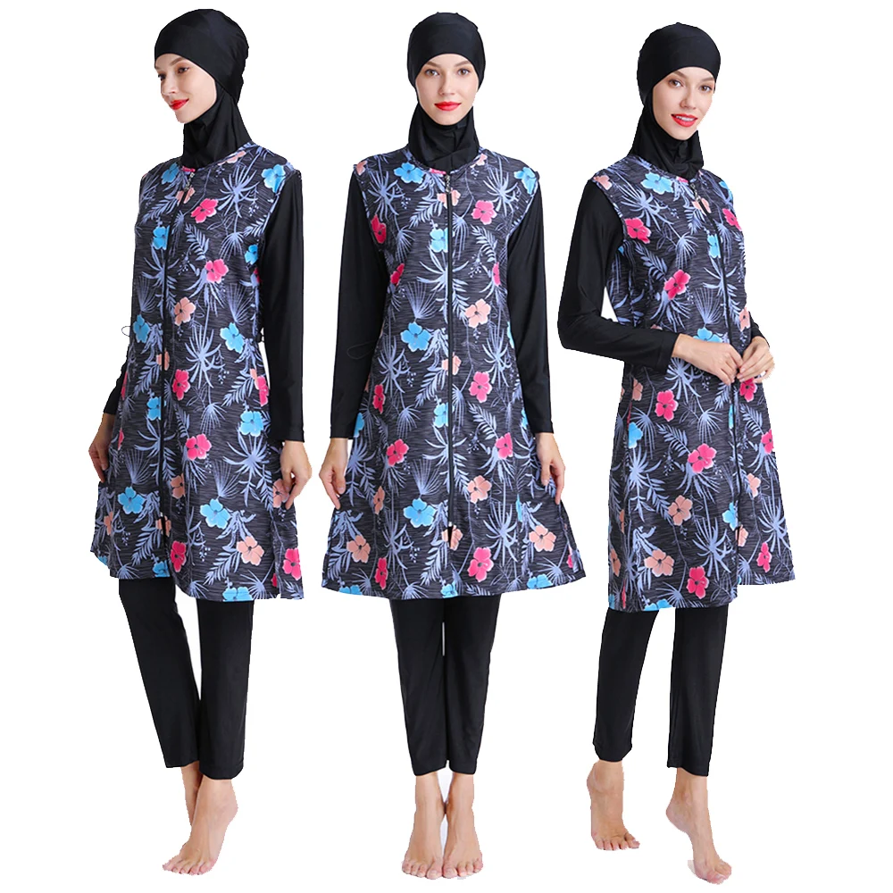 S-3XL New 3pcs Burkini Arabian Women's floral print swimsuit with zipper loose swimsuit all covered Beach wear with Cap surfwear