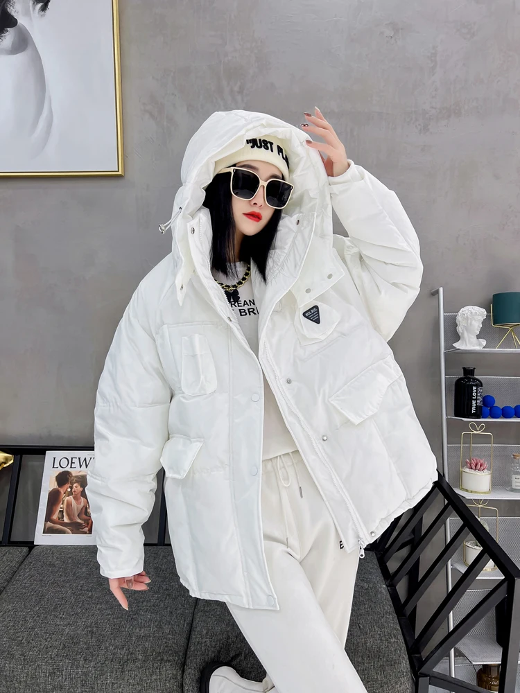 Loose Hooded Solid Color Thicken Parkas Winter Windproof Cotton Padded Coats Korean Women Elegant Long Sleeve Bread Short Jacket