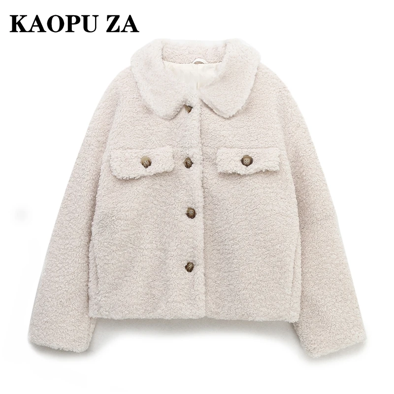 KAOPU ZA 2024 Autumn New Female Fashion Long Sleeve Fleece Jacket Outerwear Retro Winter Woman's Turn-down Collar Top Short Coat