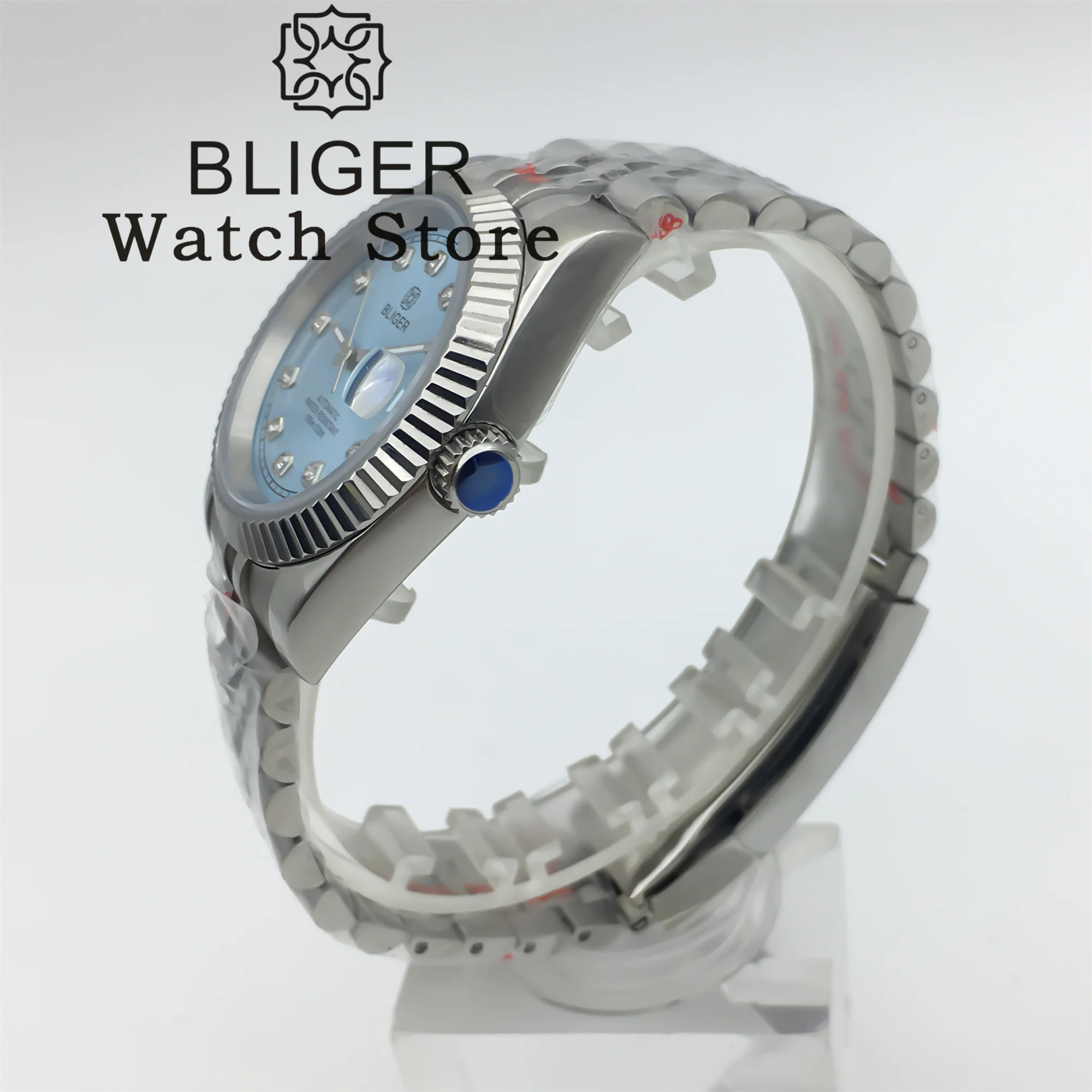 BLIGER 남성용 사파이어 오토매틱 스틸 손목시계, 스카이 블루 선버스트 다이얼, 다이아몬드 마크, 발광 날짜, NH35A, 36mm, 39mm