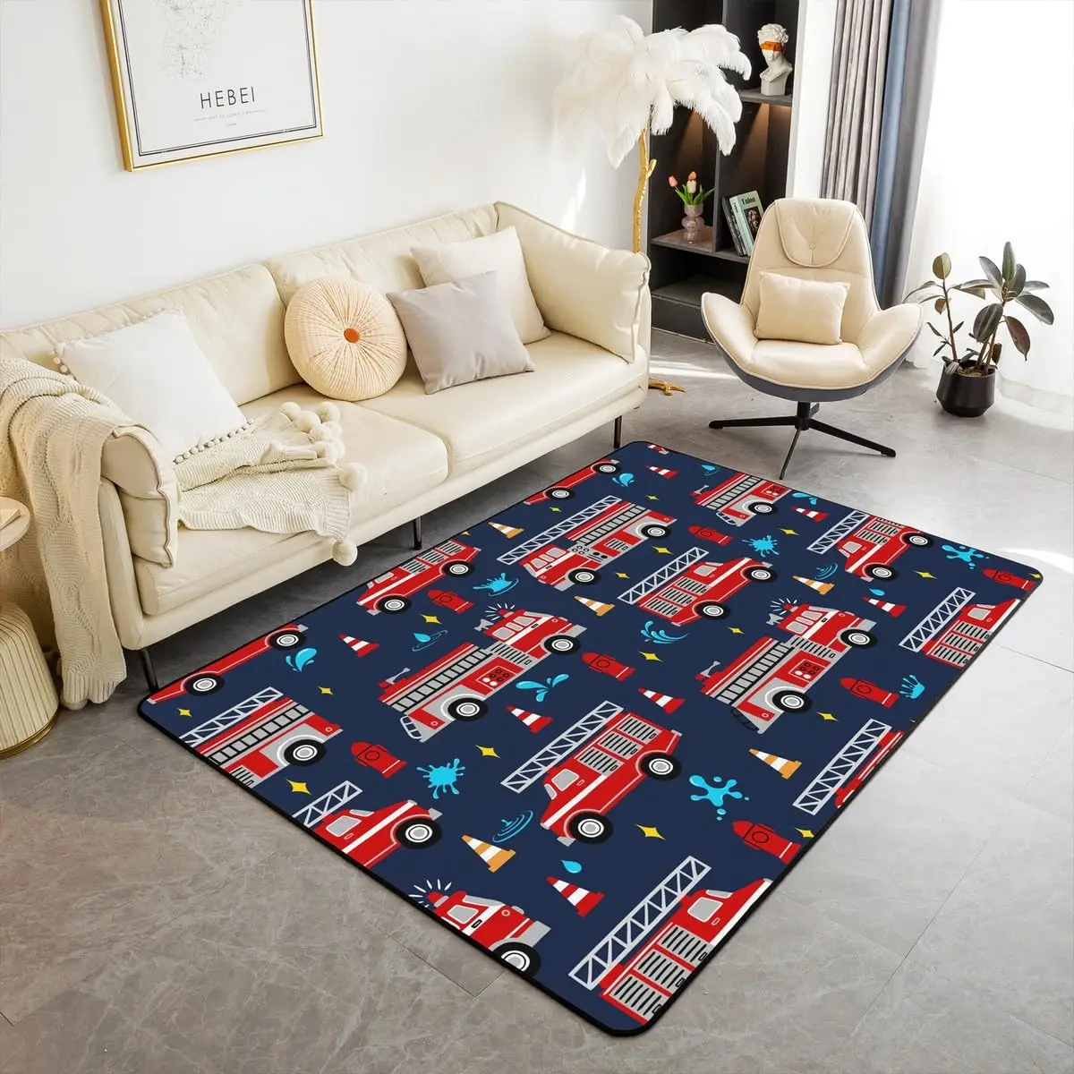 Firefighting Truck Area Rug, Fire Truck Carpet for Teen Boys, Cartoon Emergency Rescue Vehicle Floor Mat for Living Room Bedside