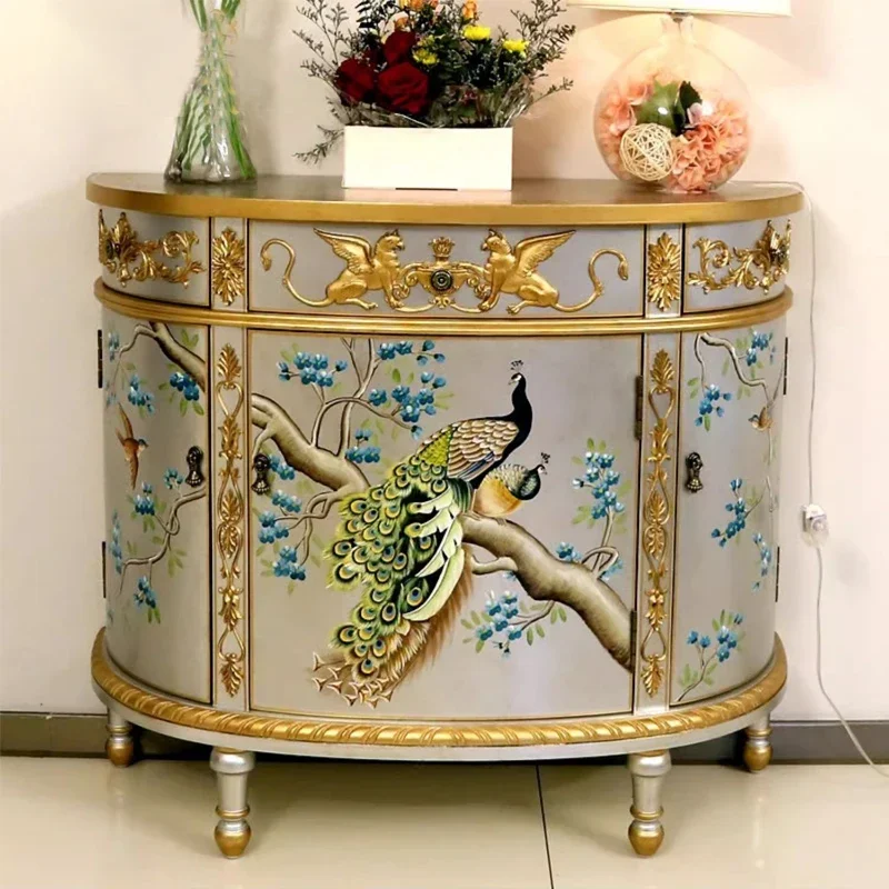 

American semicircular entrance cabinet European painted peacock decorative cabinet