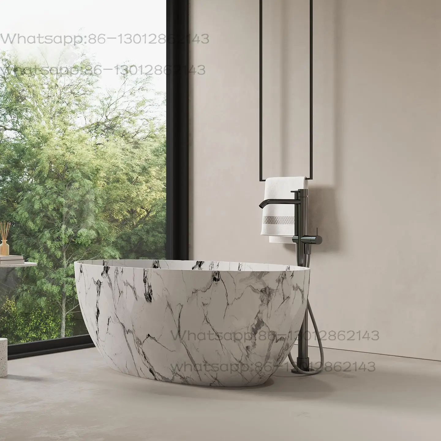 Artificial stone bathtub designed by Calacatta in white marble, used for bathrooms in homestays and villas