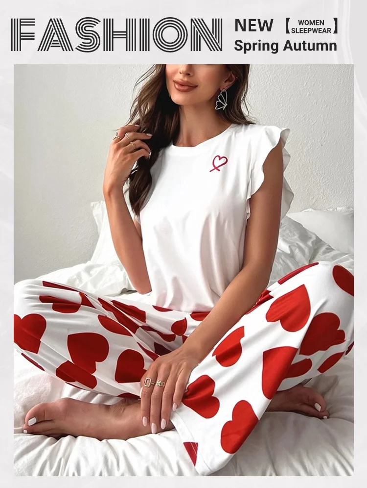 Herz & Brief gedruckt Damen Pyjama Pj Set weiche Kurzarm Tops & elastische Taille Hosen Pyjama Pijama Femme Casual Home Kleidung – Detail 1