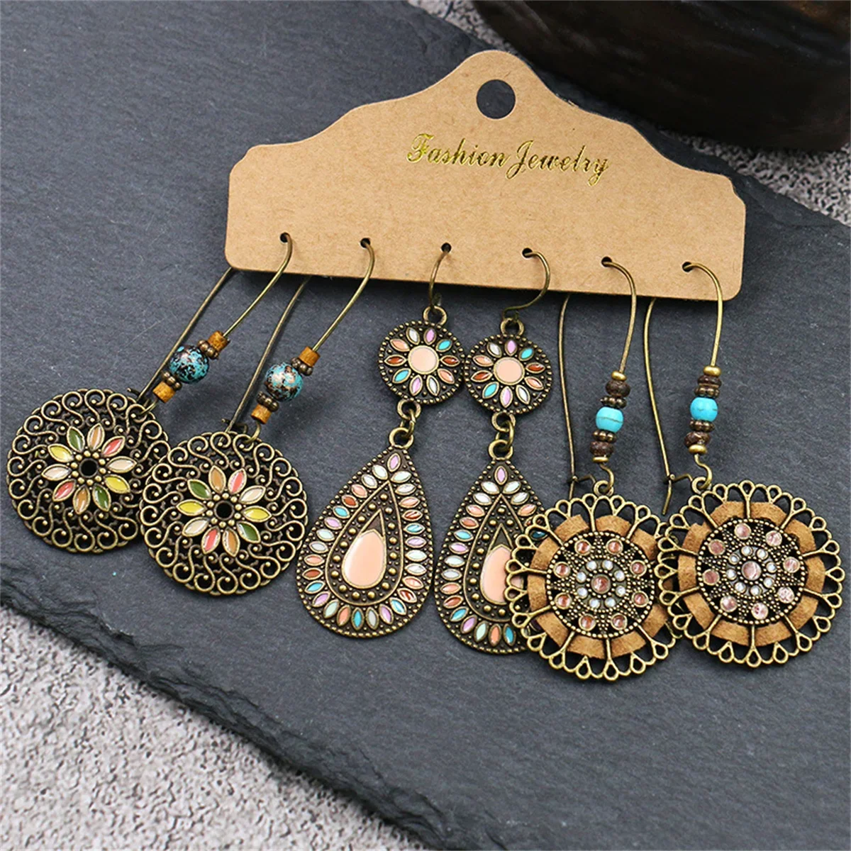 Trio Women Bohemia Geometric Shape Drop Earring Set Brass OX Plating Colorful Round Water Drop Shape French Wire Dangle Earrings