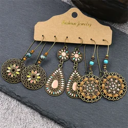 Trio Women Bohemia Geometric Shape Drop Earring Set Brass OX Plating Colorful Round Water Drop Shape French Wire Dangle Earrings