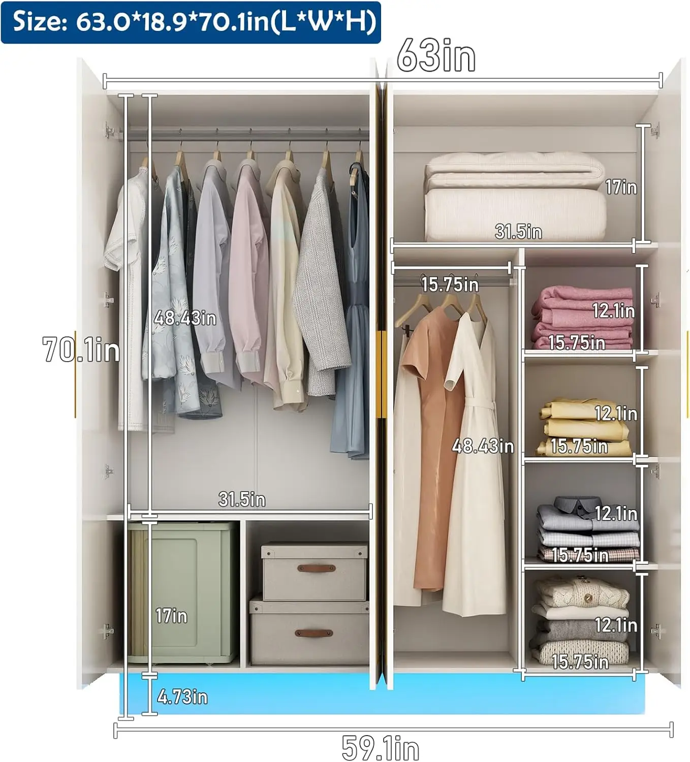 70in LED 4 Doors Armoires Wardrobe Closet&Cabinet with Metal Hanging Rod,Bedroom White Tall Armoires with RGB LED 60000-color