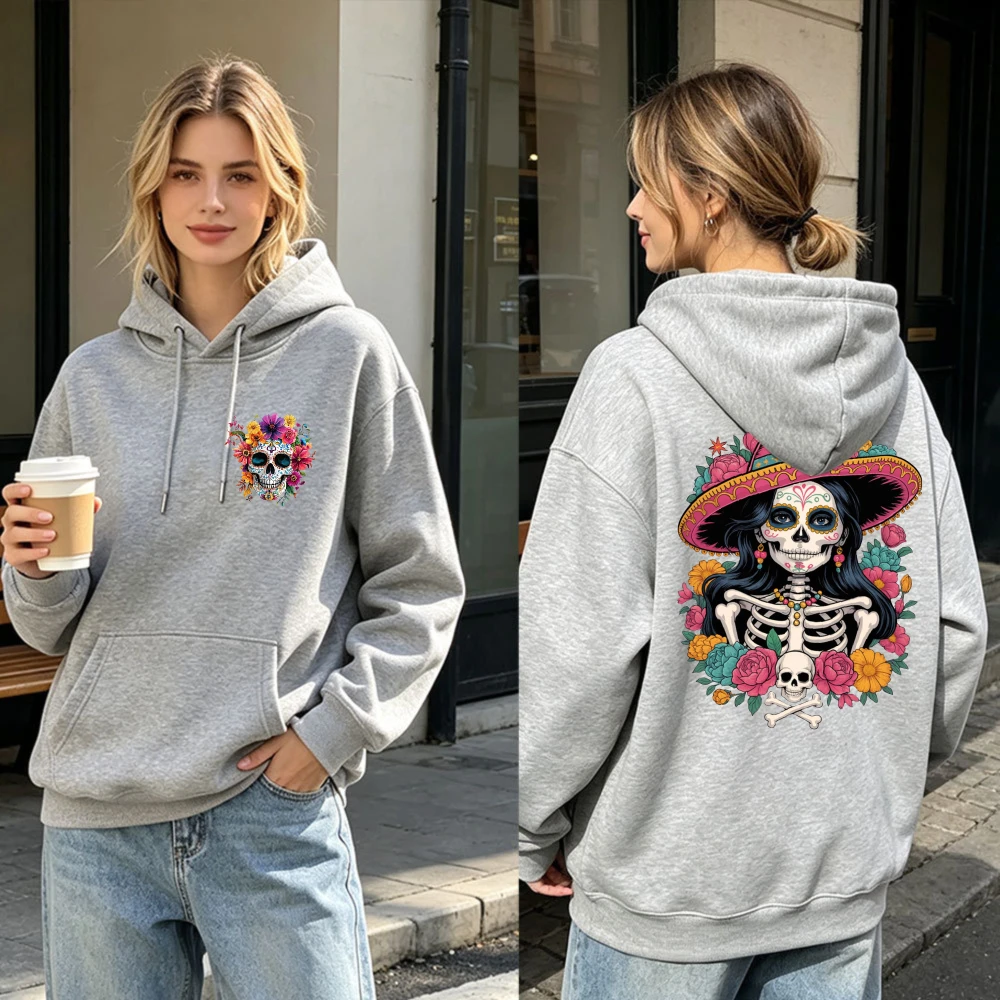 Catrina Sugar Skull Hoodie All Souls' Day Mexican Sombrero Floral Skeleton Graphic Cozy Warm Long Sleeve Pullover Hoodies Women