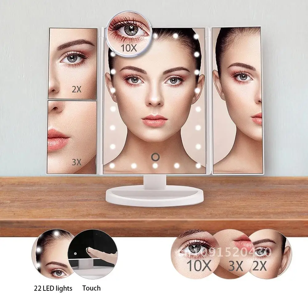 Foldable Makeup Mirror With LED Light 3 Folding 1X 2X 3X Desktop Vanity Mirror Dimmable Rotatable With Touch Switch LED Mirrors