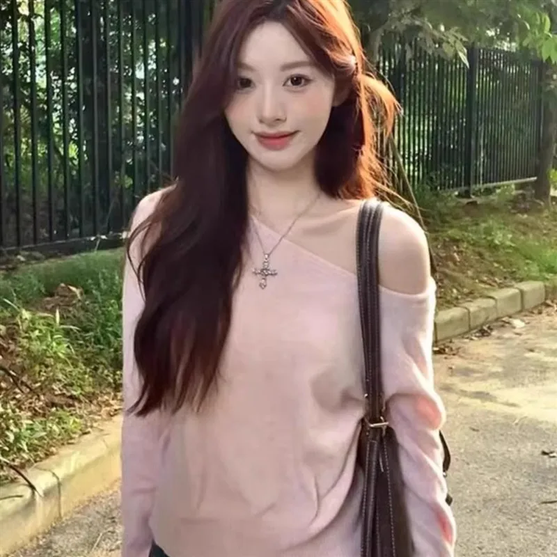 

Pink Irregular oulder Women's Sweater Chic Korean Sle Knitted Top for Initial Autumn Winter Faion Casual Trendy