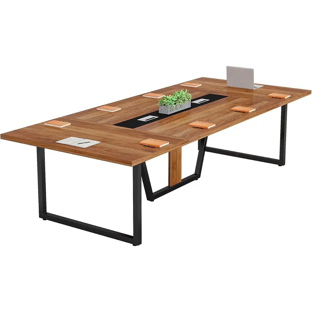 

10-Person Modern Brown Conference Table with Cable Management and Strong Metal Legs for Office Training