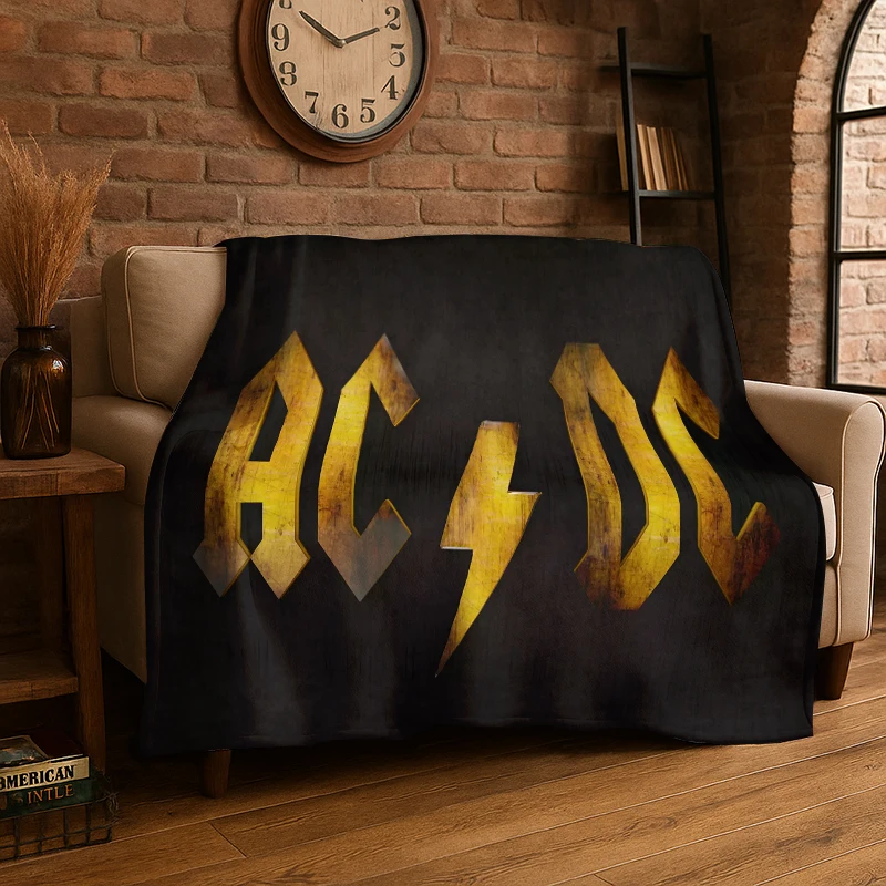 Retro ACDC Rock Band Catoon Flannel Blanket Soft Warm Throw Blanket for Bedroom Living Room Bed Travel Camping Picnic Gift