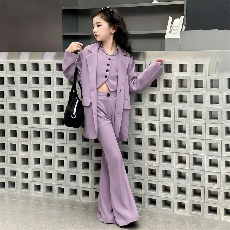 

New Girls' Suit Set 2024 Spring and Autumn Children's High end Style Casual Purple Coat+Vest+Bell Pants Three piece Set