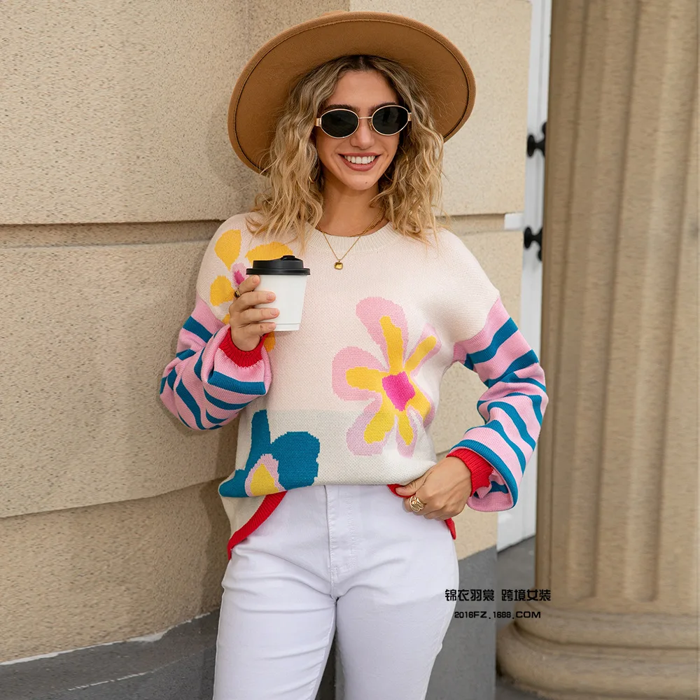 Damski sweter na jesień i zimę, łączony w paski, z długim rękawem, w kwiaty, ciepły, modny sweter z okrągłym dekoltem, dzianinowy.