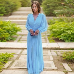 Sky Blue Mother of Bride Dresses for Women 2024 Beach Chiffon Full Sleeve Wedding Party Dresses Plear Summer Robe De Soirée
