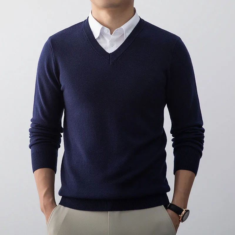 autumn knitted sweater wool V-neck base sweater slim fit sweater men middle-aged young solid color business knitted pullovers