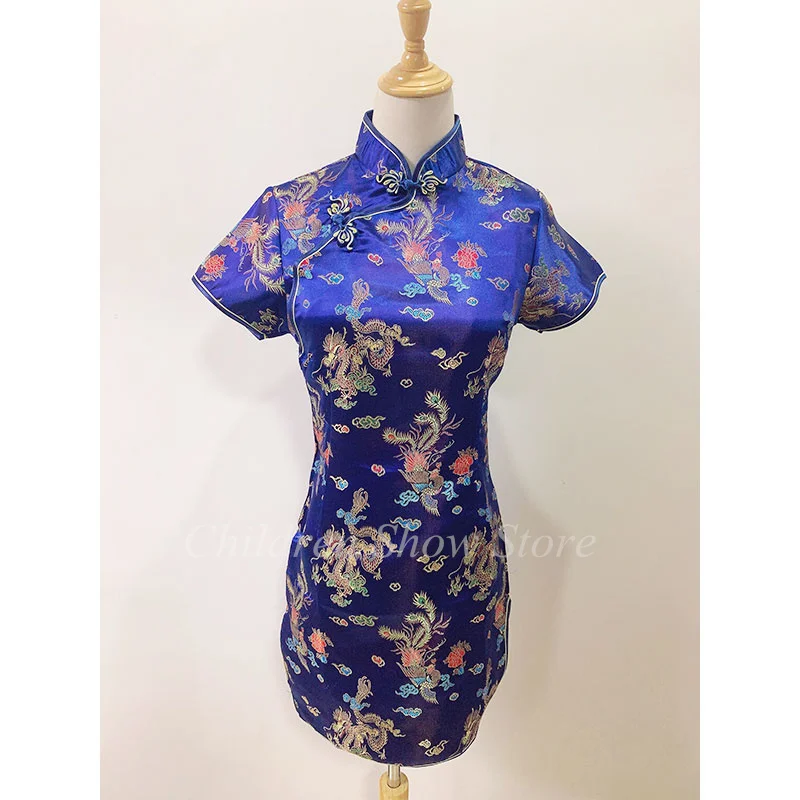 New Chinese Style Dress Mandarin Collar Cheongsams Embroider Dragon Phoenix Qipao Plus Size 3Xl 4Xl 5Xl Vestidos Satin Qipao