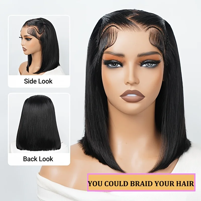 باروكات أمامية من الدانتيل عالي الدقة 13 × 4 مقطوعة مسبقًا للنساء، شعر مستعار قصير مستقيم بكثافة 200% جاهز للارتداء