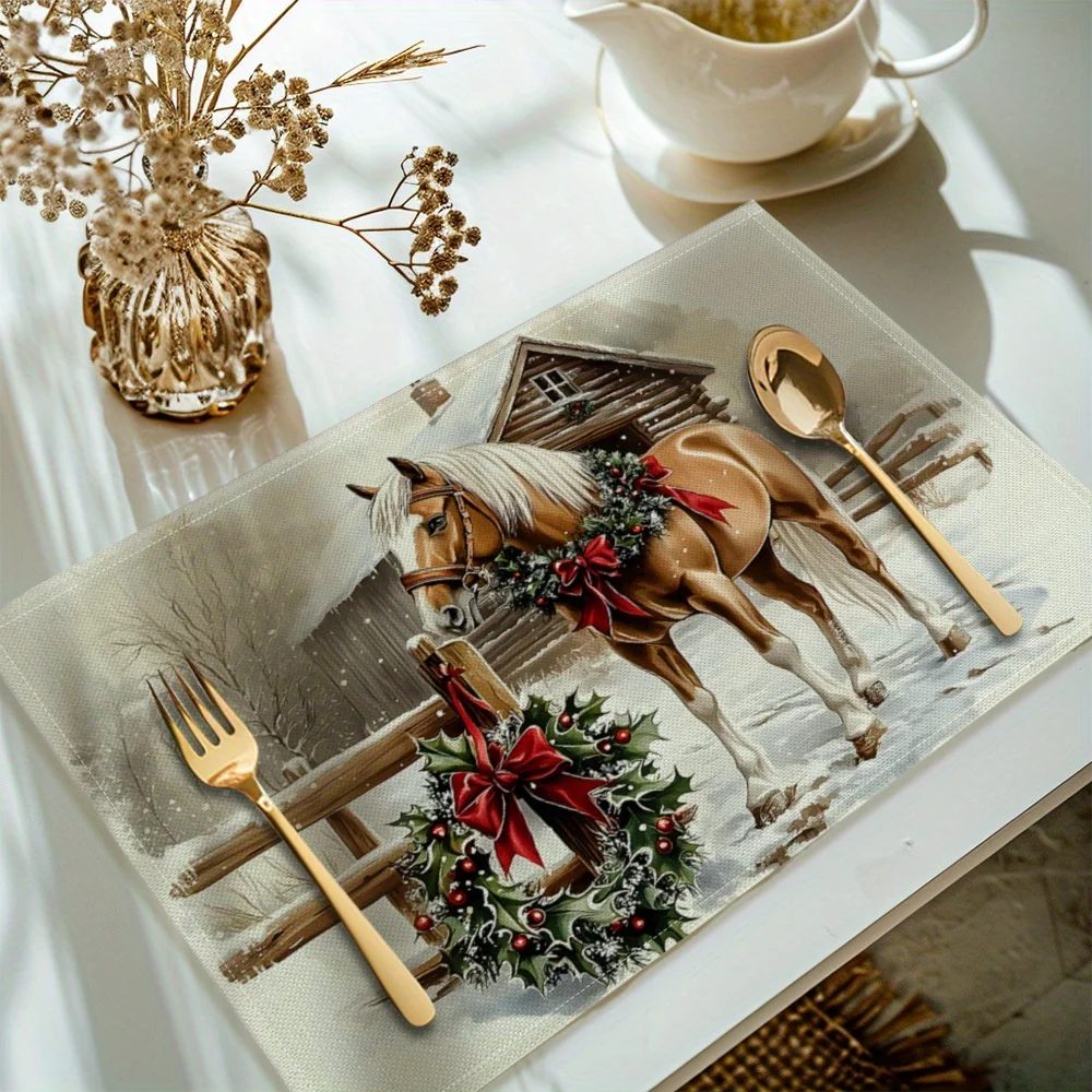 

VIKAMA 4-Piece Winter Horse Gold-Edged Placemats Family Gathering American Country Style Table Decor Accessories