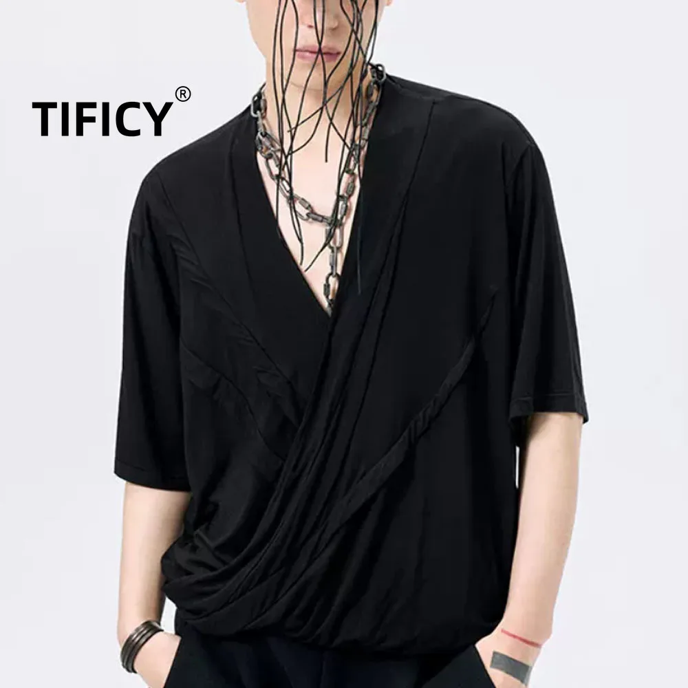 High Street Tees Tshirt Men's Y-neck Deconstructive Short Sleeved T-shirt Pioneer Black Summer Casual Fashion Top