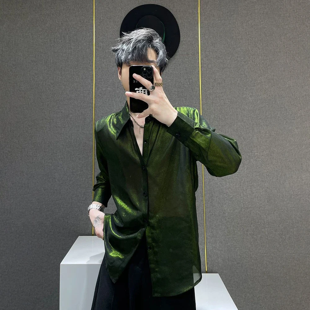 

Mens Shiny Reflective Green Nightclub Shoulder Pad Shirt Streetwear Fashion Ballroom Stage Performance Top Men'S Clothing 2025