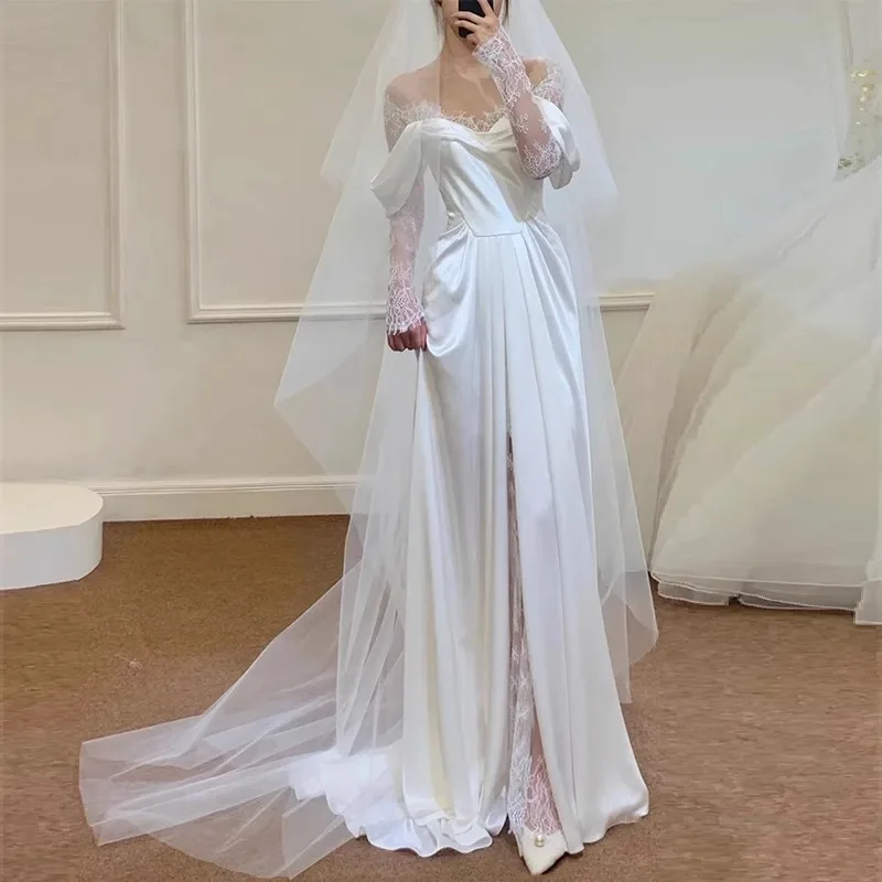 2024 nuevo Vestido De Novia Simple estilo francés satén con Apliques De encaje fuera del hombro vestidos De Novia elegantes Vestido De Novia