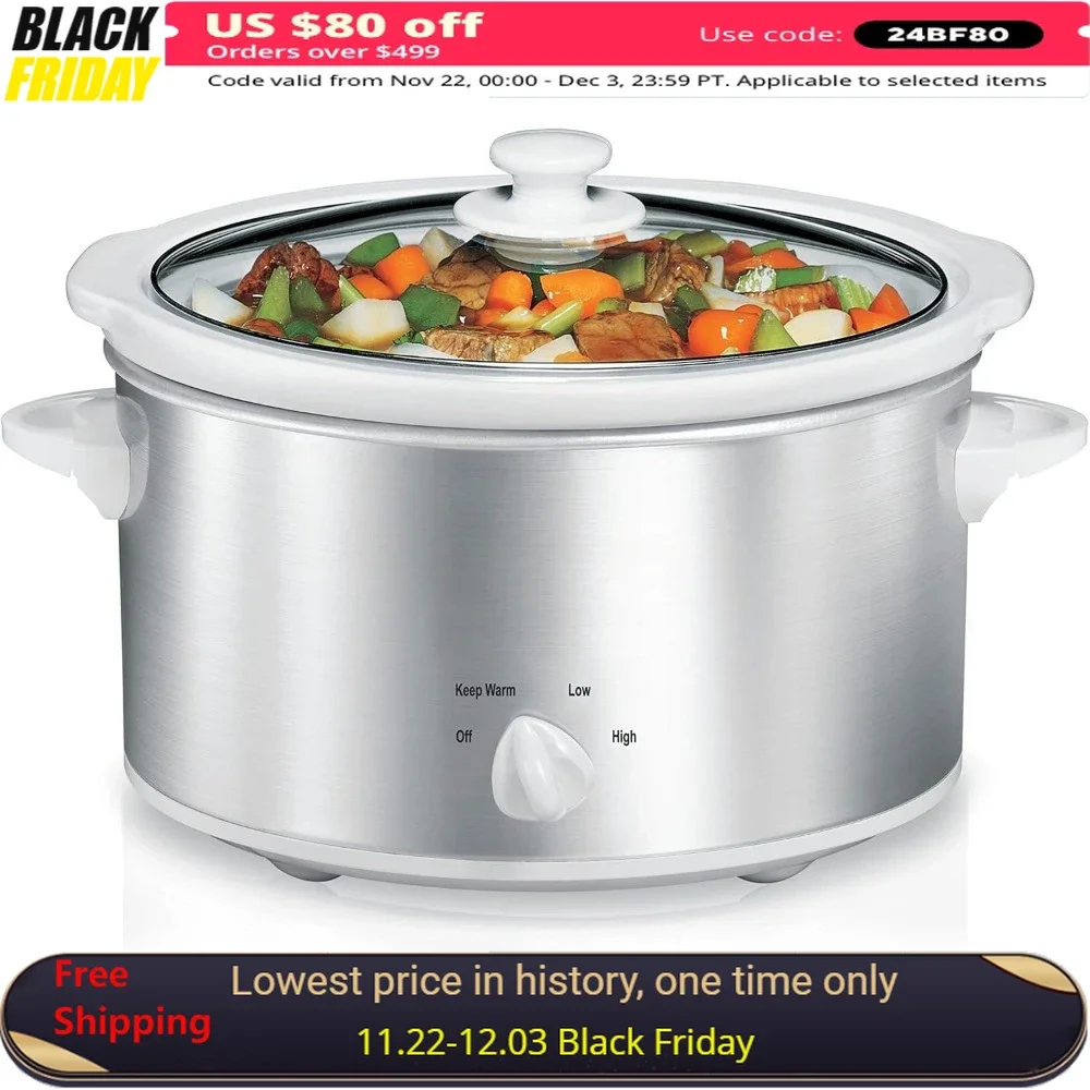 

4-Quart Slow Cooker with 3 Cooking Settings, Dishwasher-Safe Stoneware Crock & Glass Lid, Slow Cookers