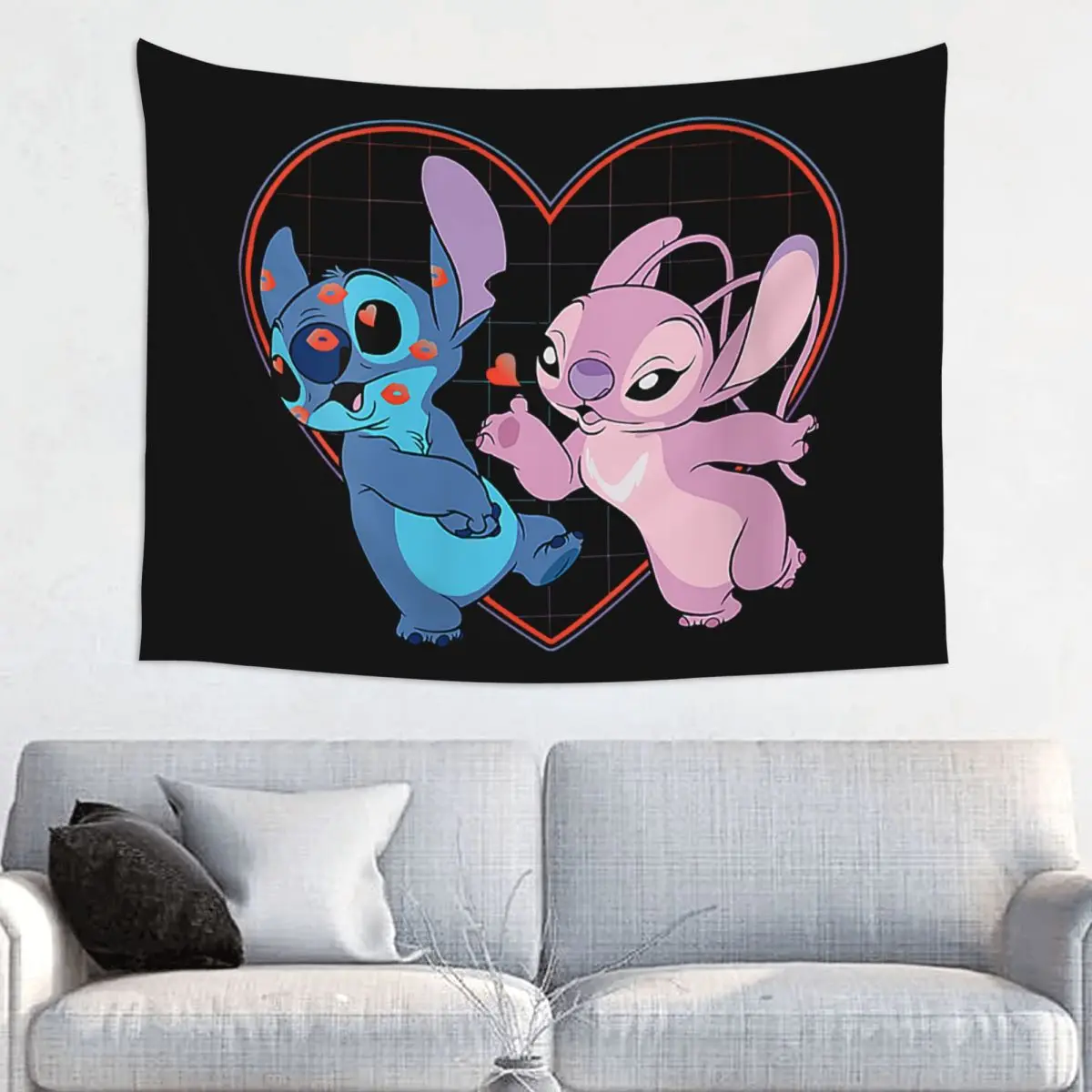 Custom Stitch Lilo Angel Heart Kisses Tapestry Home Decor Hippie Wall Hanging Tapestries for Living Room