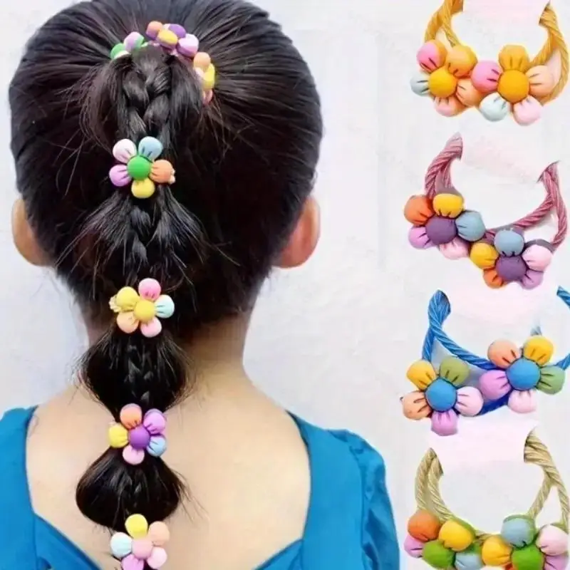 10 pieces, 5 pairs, girls' hair ties, featuring five-petal colorful flowers, cute hair ropes and hair ties, flower hair accessory set, sweet and adorable