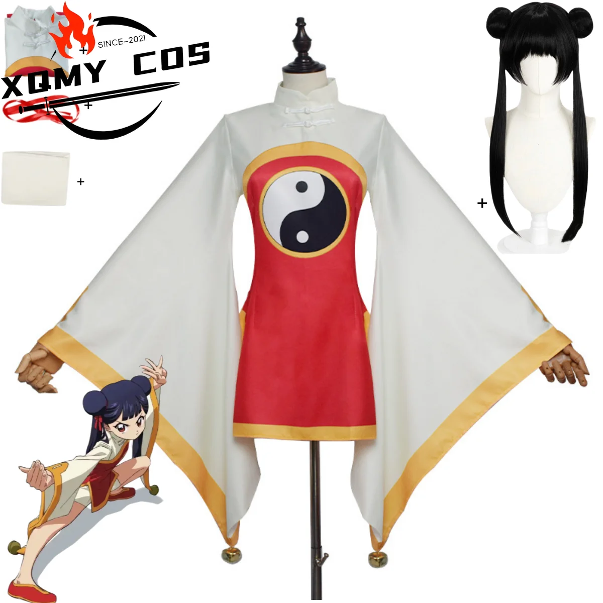 XQAnime Sakura Cardcaptor Li Meiling Cosplay disfraz Card Captor chino taoísta vestido blanco conjunto peluca mujer lindo traje de Halloween