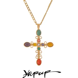 Yhpup Vintage Natural Stone Cross Pendant Palace Style Necklace Golden Stainless Steel Statement Collar Jewelry Gift