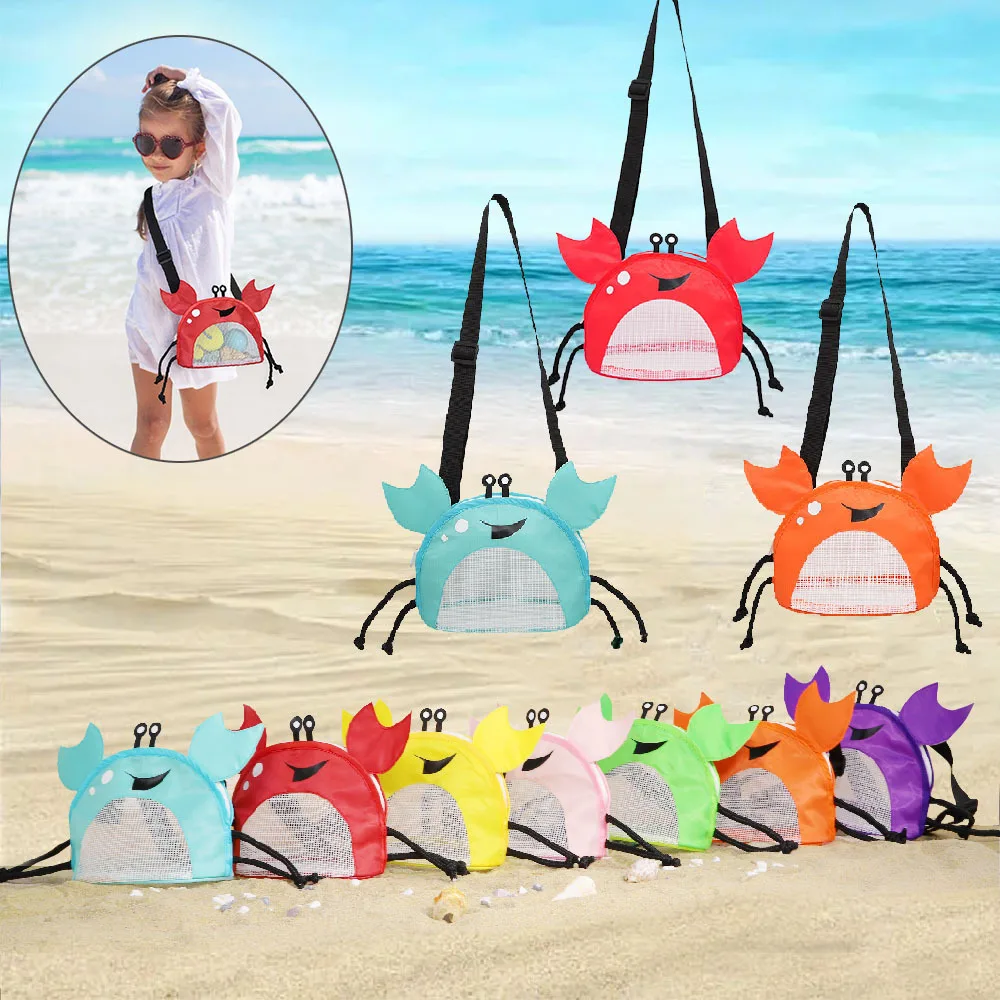 Fiwiuu Summer Kawayi Crab Mesh Beach Shoulder Bag Handbag Zipper Children Crossbody Bag Patchwork Shell Bag