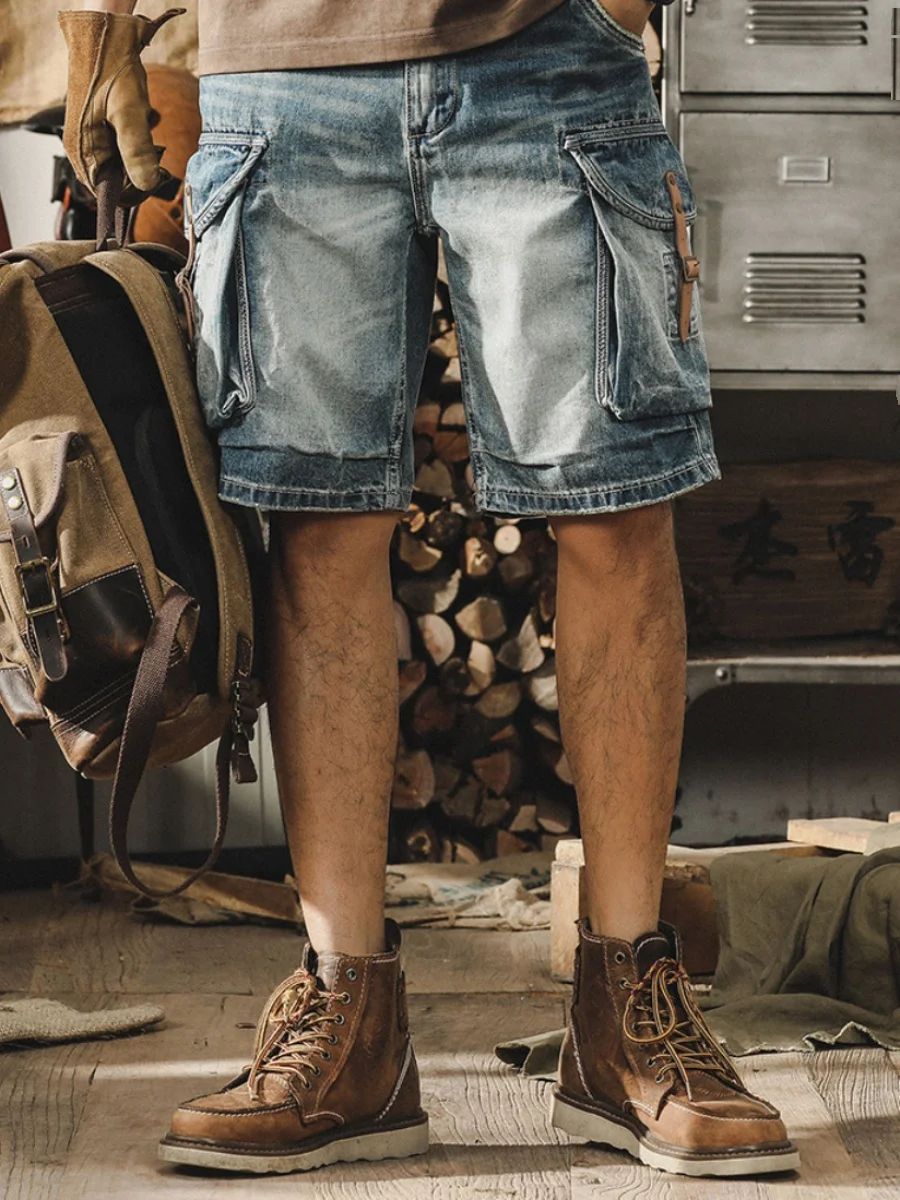 

Classic American Workwear Vintage Men's Loose Straight Leg Jeans orts Summer Casual Contrast Color Five-Point Pants