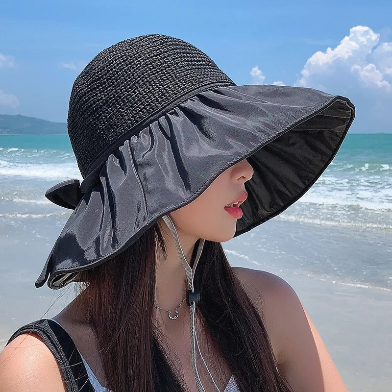 2024Summer Women Bucket Hat UV Protection Sun Hat Solid Color Soft Foldable Wide Brim Outdoor Beach Panama Cap Lady Ponytail Cap