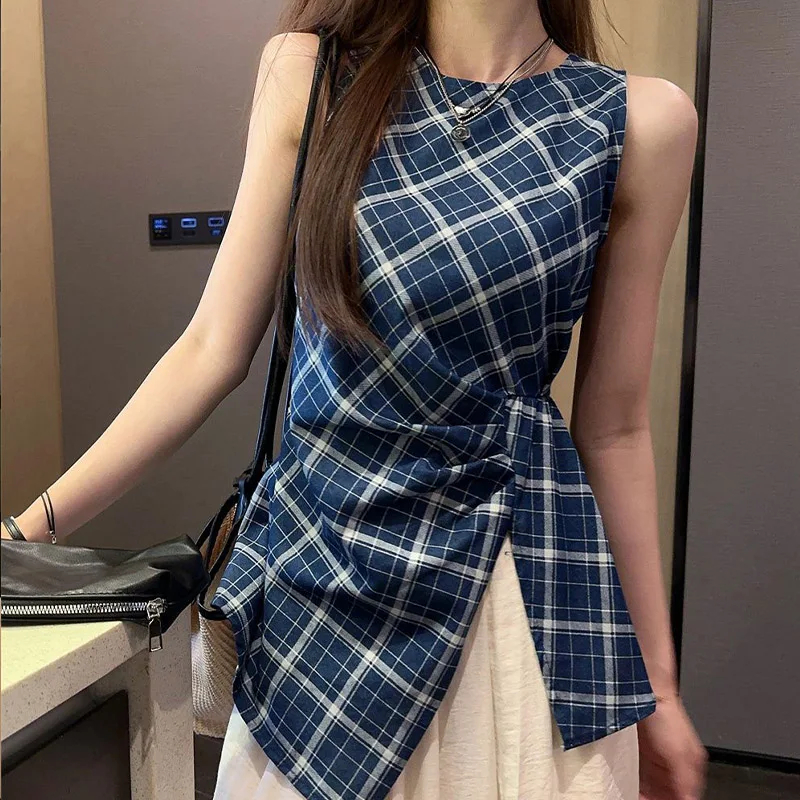 Summer New French Style Original Design Fashion Plaid Sleeveless Shirt Vintage Casual Versatile Temperament Slim Popular Clothes