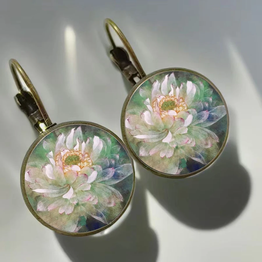 New Arrival Watercolor Lotus Earrings Ink Painting White Lotus Glass Earrings Vintage Fairy Essential Earrings