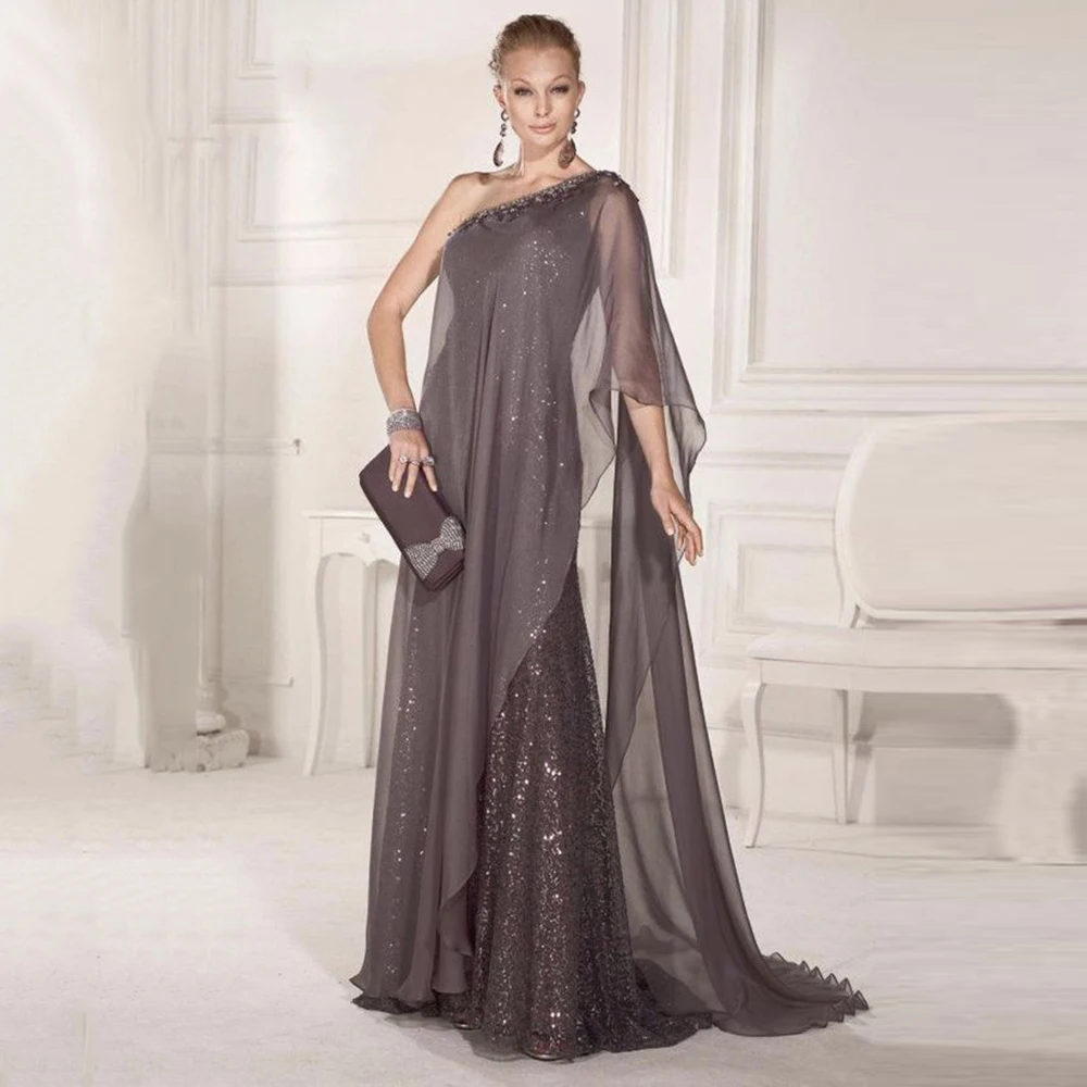 Fashion Sequin One Shoulder Tulle Floor Length Beading Mother of the Bride Dresses For Weddings فساتين السهرة Summer