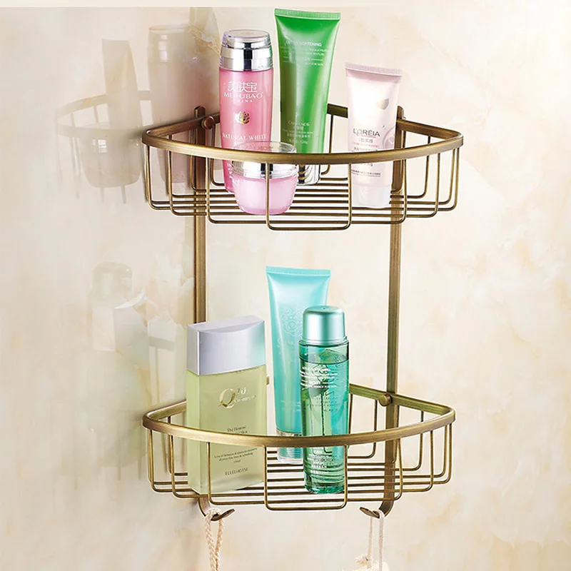 Wall Mounted Antique brass solid brass Bathroom Shower shampoo Shelf  bathroom Basket Holder Shelf Fashion Double Layer