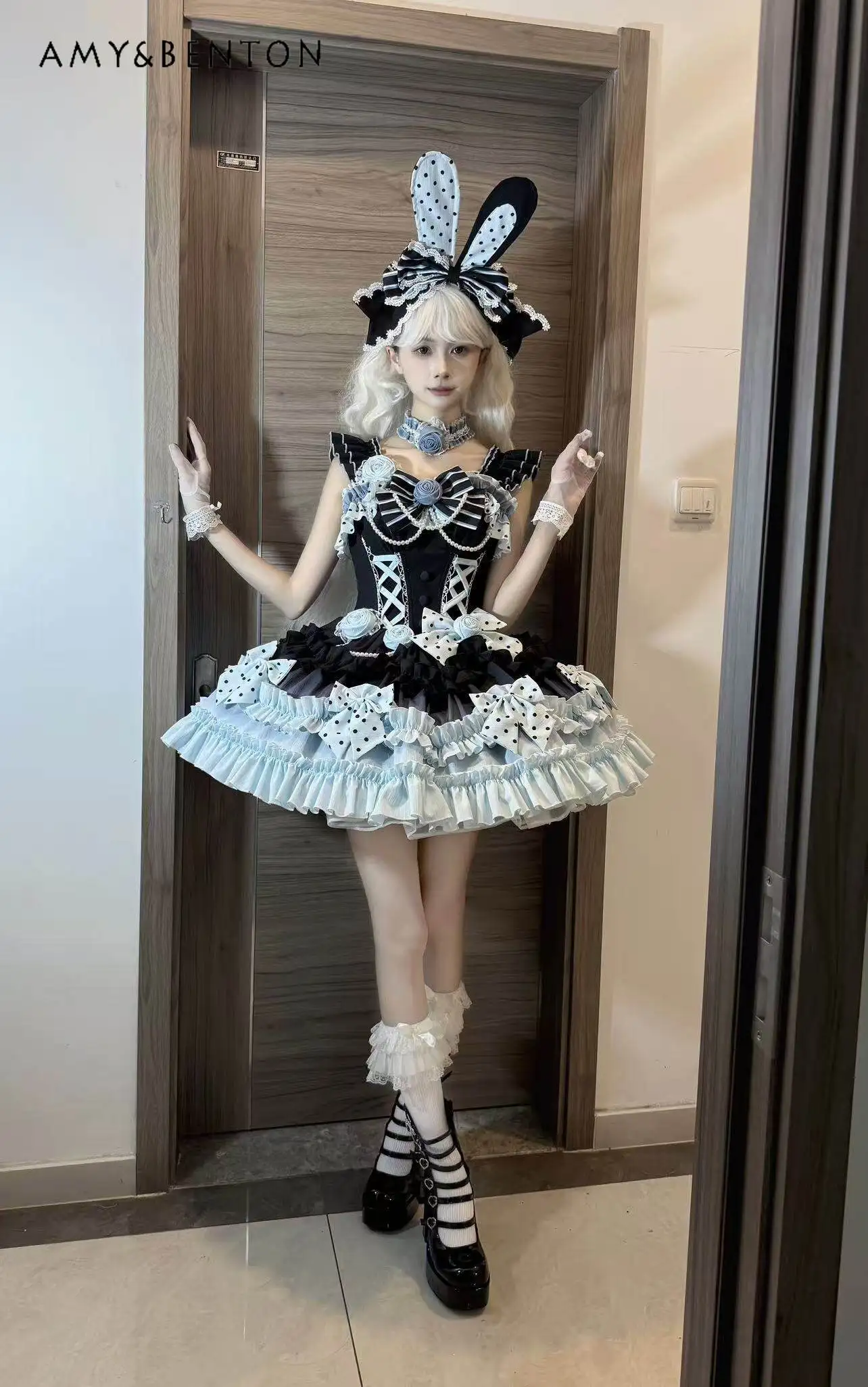 

Summer Black Blue Caramel Polka Dot Lolita Dress with Bunny Ears Bow Ruffles Gothic Sweet Princess Cosplay Costume Party