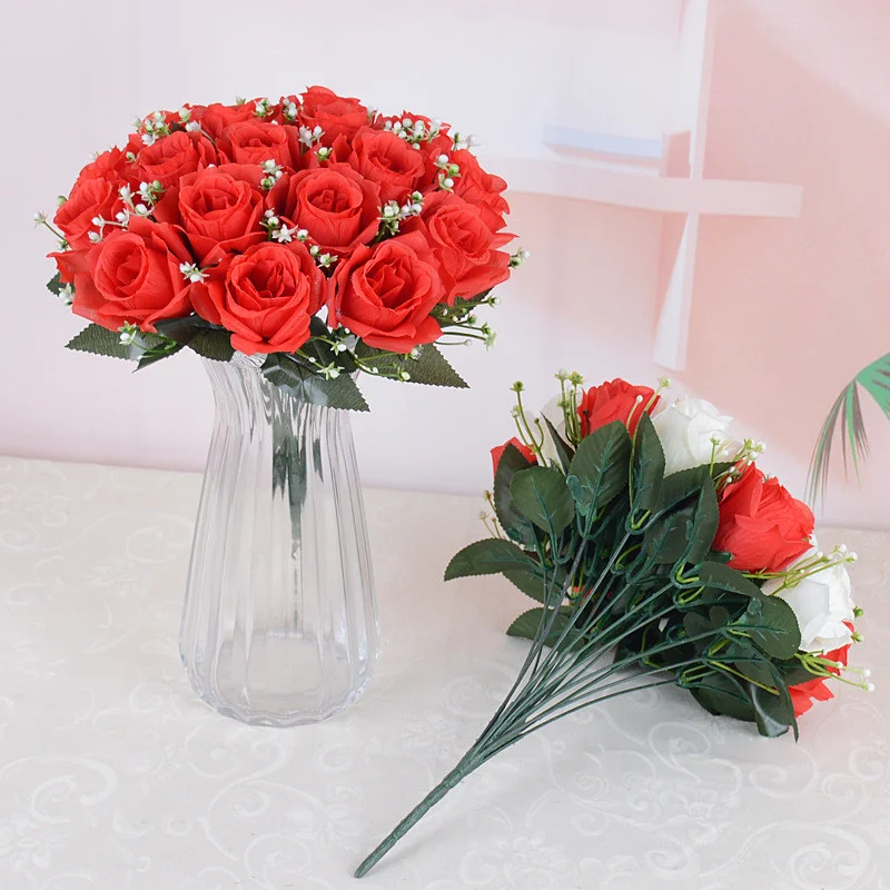 18-köpfe simulierte Rosensträuße, rote Rose, künstliche Blumen für Hochzeitsdekorationen, Bräute mit Blumen, Heimdekorationen – Detail 3