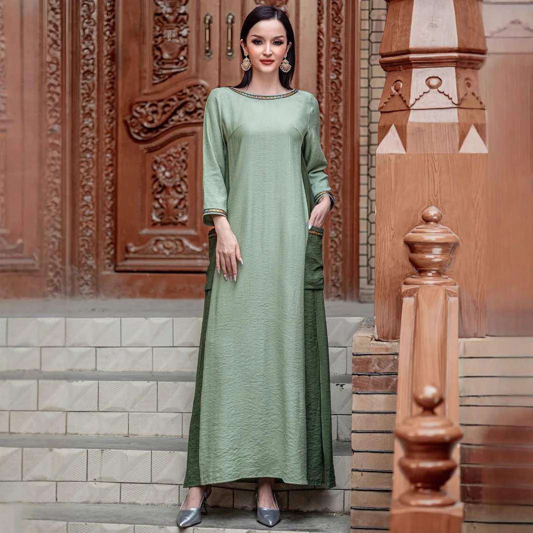 

Middle East Fashion Women's Green Solid Color Elegant Luxury Daily Trendy O-neck Long Sleeve Ankle Length Dresses Female Abaya