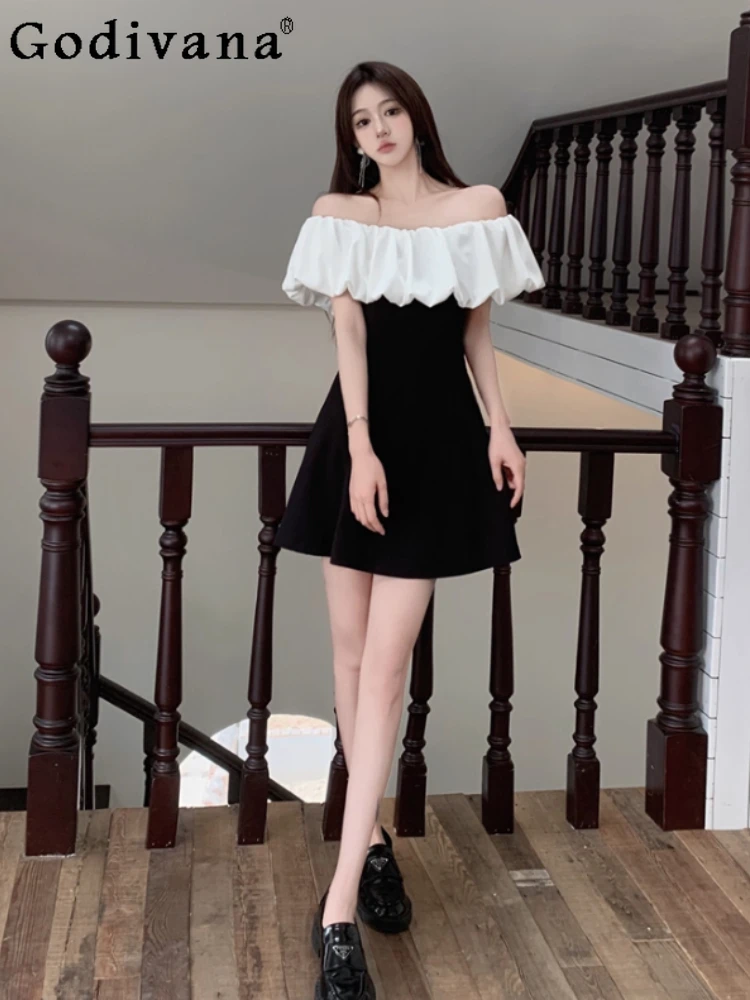 

Летнее платье больших размеров во французском стиле с открытыми плечами и оборками, модные короткие платья трапециевидной формы с высокой талией для девочек