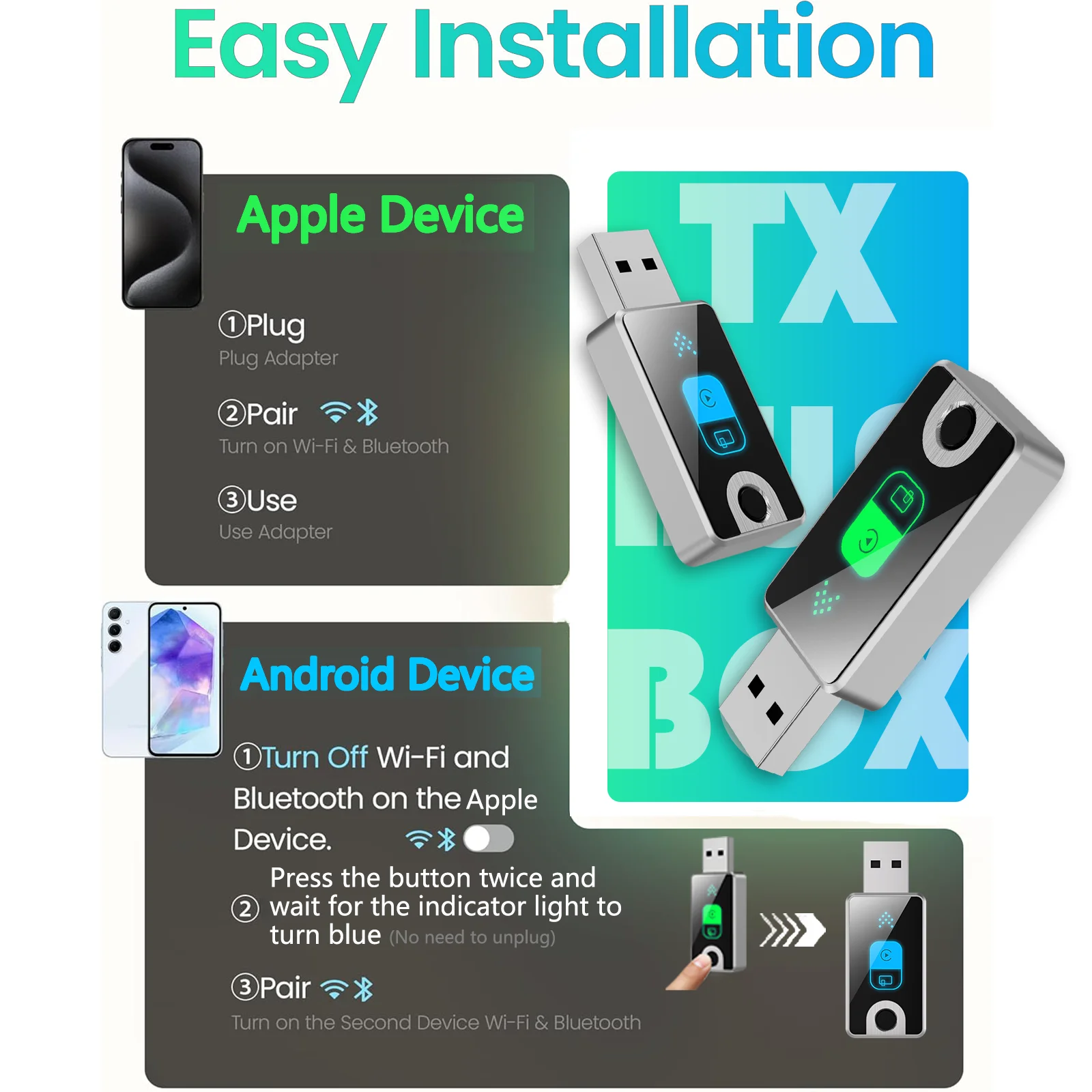 2-in-1 draadloze carplay- en Android-auto-adapter, snelle verbinding CarPlay-adapter met schakelaar met één klik voor iPhone en Android