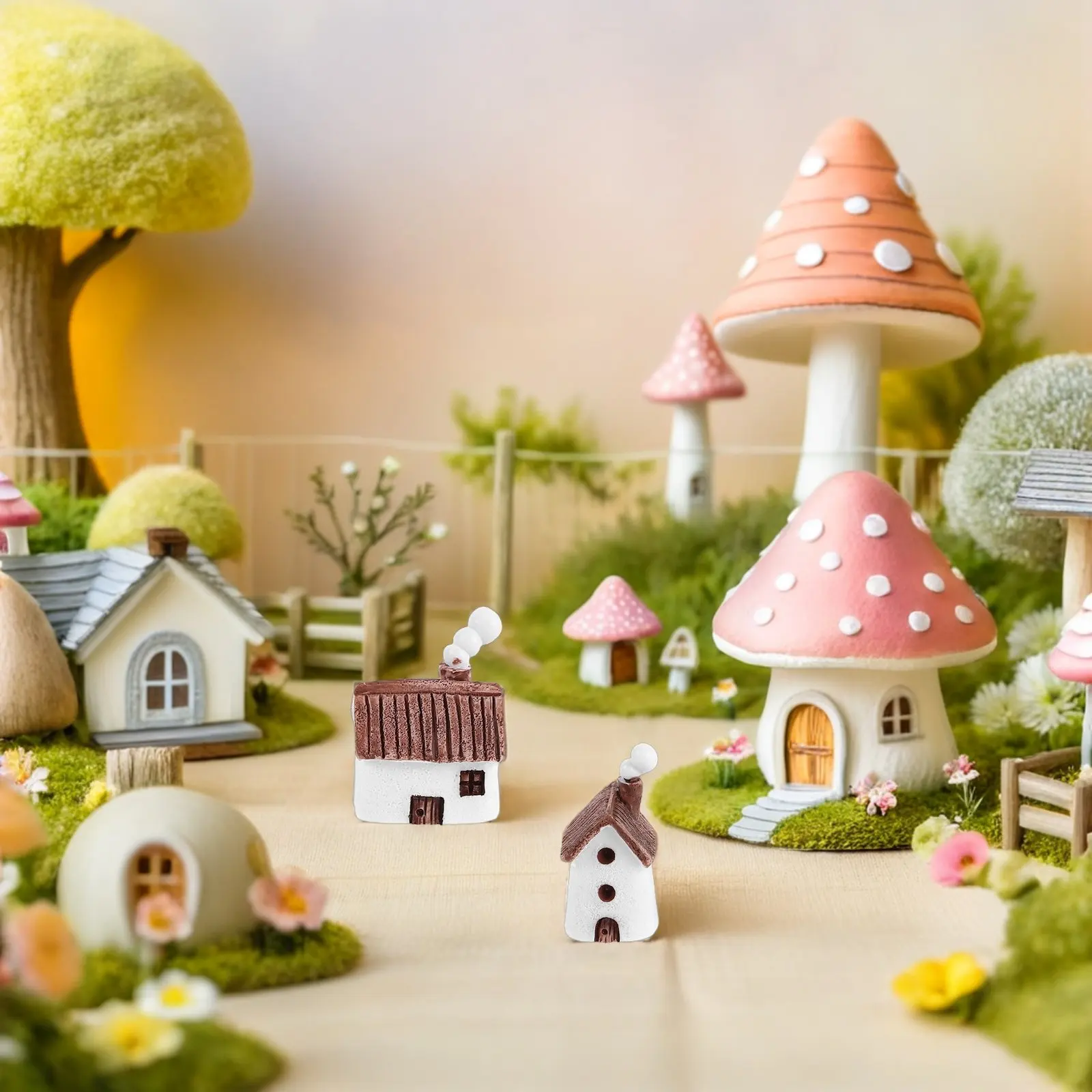 

8Pcs Mini House Micro Landscape Ornament Vintage Resin Cottage Chimney Simulation for Fairy Garden Plant Pot Terrarium Decor