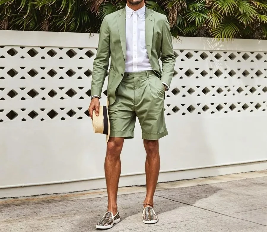 

2 Pieces Summer Suits for Men with Short Pants Slim Fit Casual Beach Wedding Party Blazer Shorts Set 2026